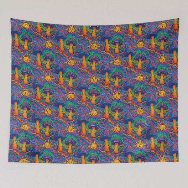 Item preview, Psychedelic Mushrooms - Vibrant Art with Smiling Sun and Wavy Patterns designed and sold by ARTGENERATESART.