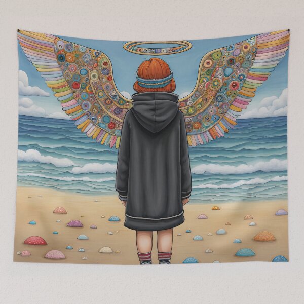 Item preview, Angel with wings wearing a hoodie on the Beach designed and sold by Colin Bentham.