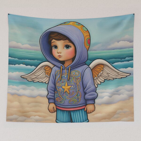 Item preview, Angel with wings wearing a hoodie on the Beach designed and sold by Colin Bentham.