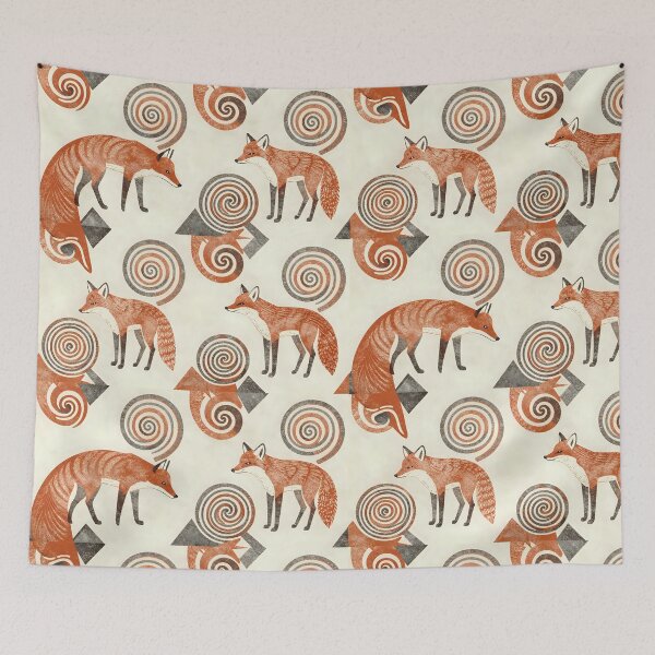 Item preview, Folk Fox Seamless Pattern — Rustic Linocut Red Foxes & Spirals designed and sold by Soulharmony.