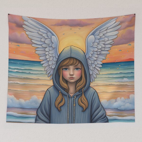 Item preview, Angel with wings wearing a hoodie on the Beach designed and sold by Colin Bentham.