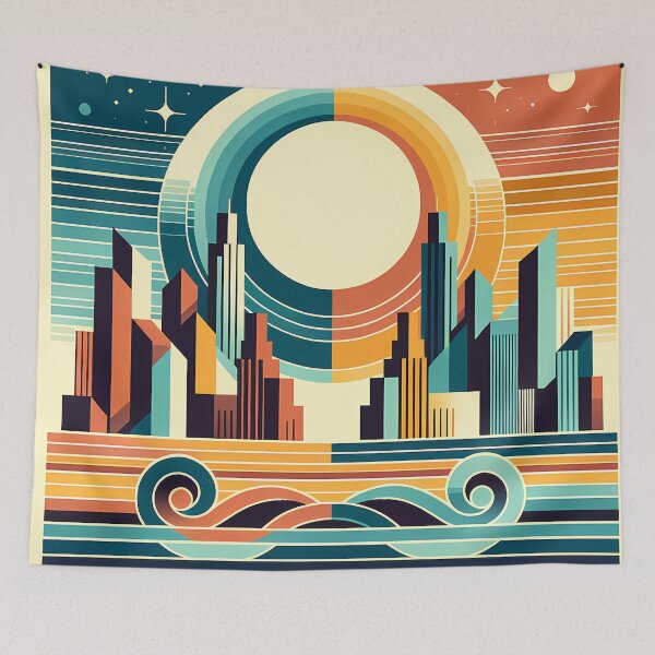 Item preview, Retro Geometric City Sunset with Waves designed and sold by InkSmithery.
