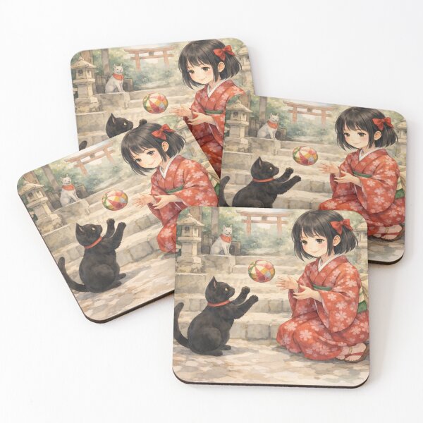 Item preview, Kasumi and the Black Cat Playing Temari at a Quiet Shrine designed and sold by ハル1991.
