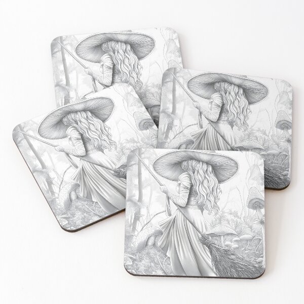 Item preview, Forest Witch Gathering Mushrooms Whimsical graysale esoteric designed and sold by Shoot-The-Moon.