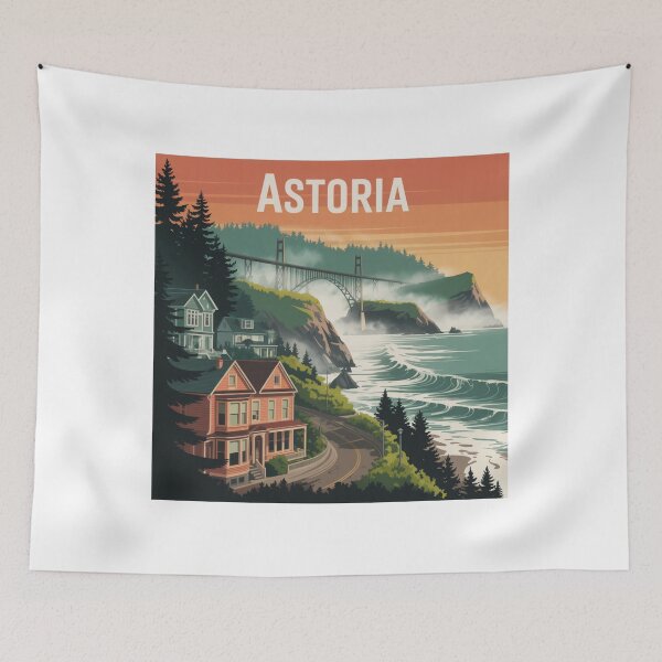 Item preview, Astoria Oregon Coastal Cliffside Road Poster – Sunset Bridge Landscape Illustration designed and sold by CircinusStore.