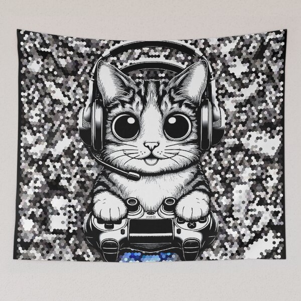 Item preview, Black and White Gamer Cat- Hexagonal Background  designed and sold by IsotonicLunarCat.