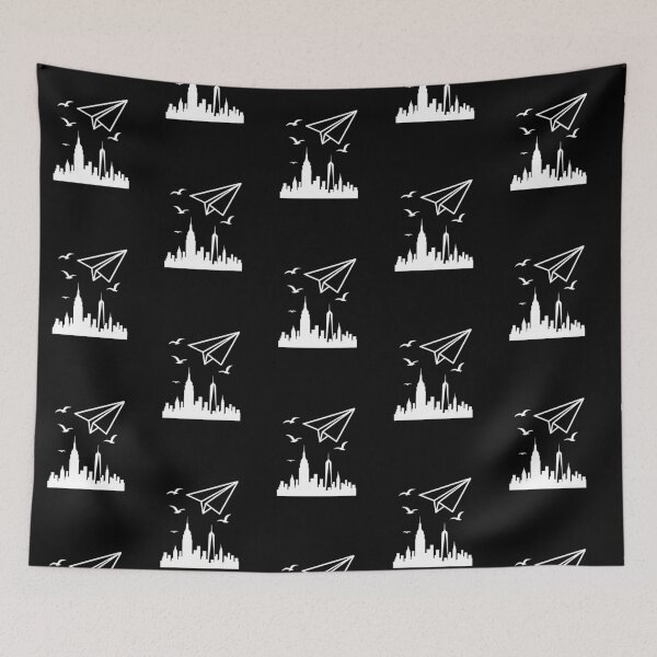 Item preview, New York City Skyline with paper airplane and seagulls (negative ver) designed and sold by Moonshroomarts.