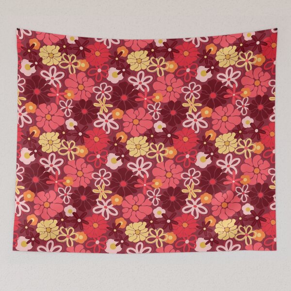 Item preview, Dancing Daisies, burgundy red surface design pattern, 70s inspired designed and sold by EmmaSB-Designs.