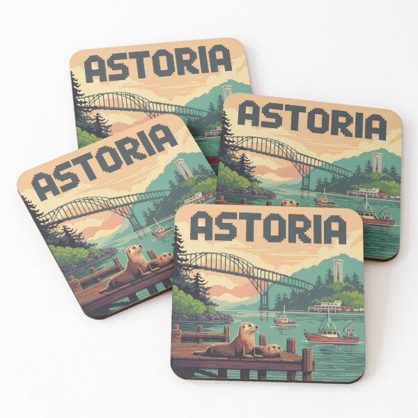 Item preview, Astoria Oregon Pixel Art Waterfront – Sea Lions, Boats & Bridge Sunset designed and sold by CircinusStore.