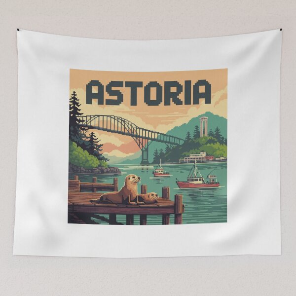 Item preview, Astoria Oregon Pixel Art Waterfront – Sea Lions, Boats & Bridge Sunset designed and sold by CircinusStore.
