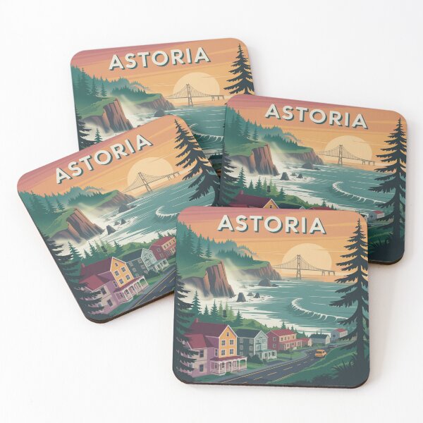 Item preview, Astoria Oregon Coastal Sunset Illustration – Cliff Road, Bridge & Colorful Homes designed and sold by CircinusStore.