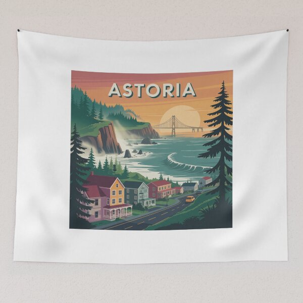 Item preview, Astoria Oregon Coastal Sunset Illustration – Cliff Road, Bridge & Colorful Homes designed and sold by CircinusStore.