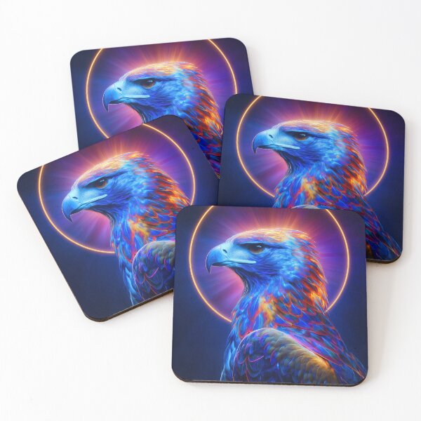 Item preview, Neon Celestial Eagle – Glowing Blue & Orange Halo Bird Art designed and sold by VisionaryVeils.
