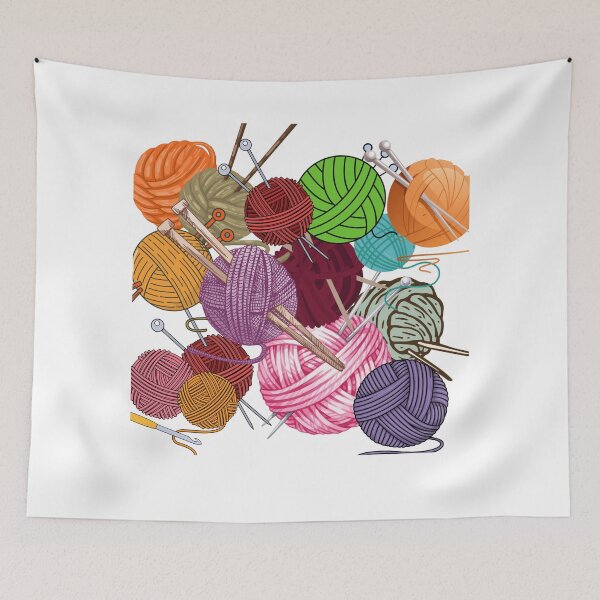 Item preview, Colorful Yarn Balls with Knitting Needles – Handmade Craft Illustration designed and sold by GoldenSparkleShop.