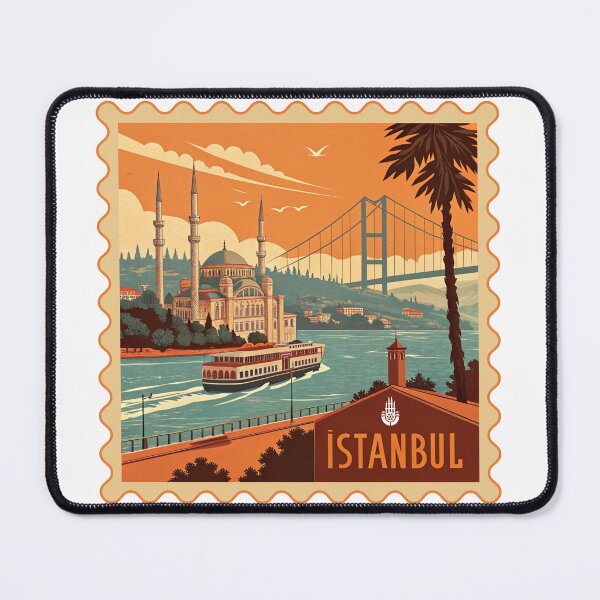 Item preview, Vintage Istanbul Travel Poster – Bosphorus Bridge, Ferry & Mosque Illustration designed and sold by asliberry.
