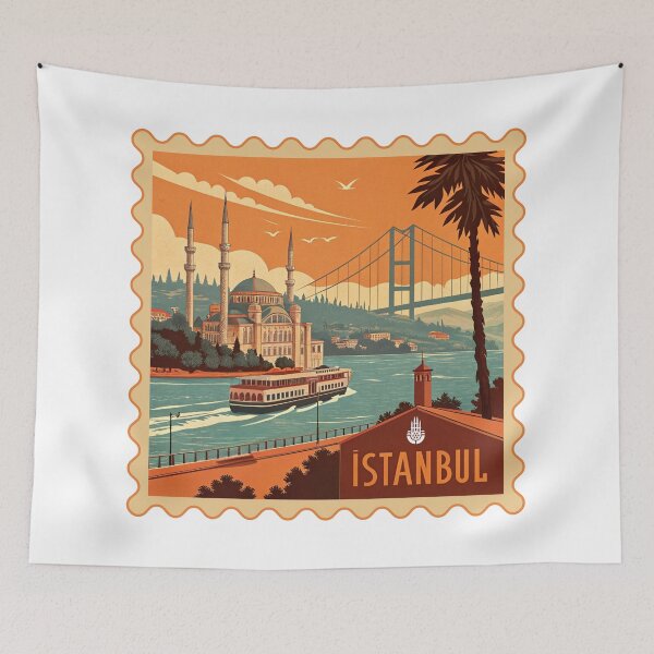 Item preview, Vintage Istanbul Travel Poster – Bosphorus Bridge, Ferry & Mosque Illustration designed and sold by asliberry.