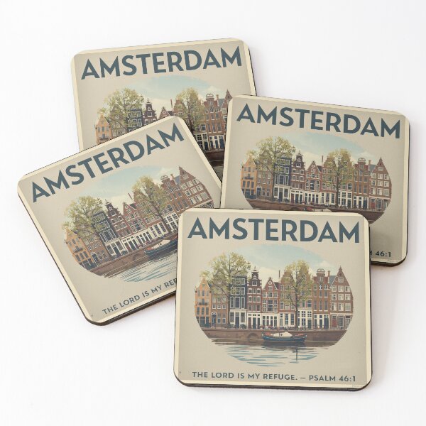 Item preview, Amsterdam Vintage City Poster with “The Lord Is My Refuge” Psalm 46:1 – Christian Wall Art designed and sold by Illustrated Faith.