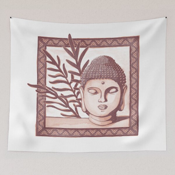 Item preview, Buddha Head Statue with Palm Fronds Watercolor - Wine + Coral designed and sold by Irene Estelle.