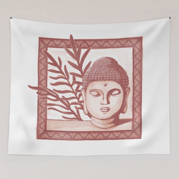 Item preview, Buddha Head Statue with Palm Fronds Watercolor - Ruby + Coral designed and sold by Irene Estelle.