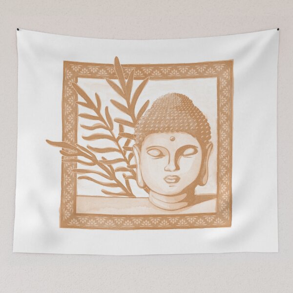 Item preview, Buddha Head Statue with Palm Fronds Watercolor - Rust + Melon designed and sold by Irene Estelle.