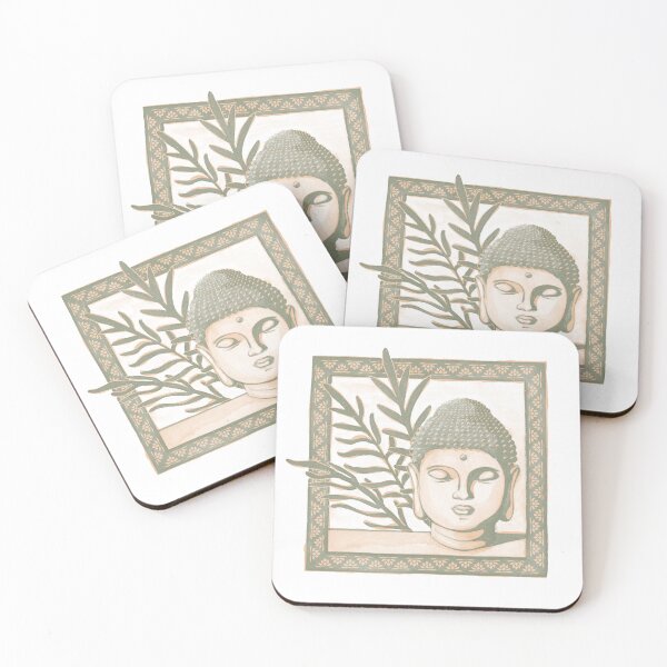 Item preview, Buddha Head Statue with Palm Fronds Watercolor - Sage + Melon designed and sold by Irene Estelle.
