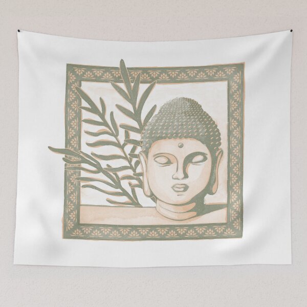 Item preview, Buddha Head Statue with Palm Fronds Watercolor - Sage + Melon designed and sold by Irene Estelle.