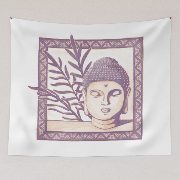 Item preview, Buddha Head Statue with Palm Fronds Watercolor - Plum + Melon designed and sold by Irene Estelle.