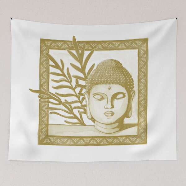 Item preview, Buddha Head Statue with Palm Fronds Watercolor - Gold + Ochre designed and sold by Irene Estelle.