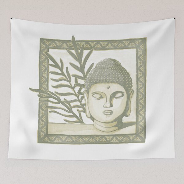Item preview, Buddha Head Statue with Palm Fronds Watercolor - Gold + Sage designed and sold by Irene Estelle.
