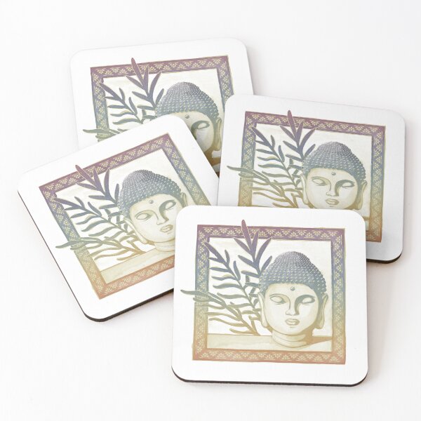 Item preview, Buddha Head Statue with Palm Fronds Watercolor - Gold + Rainbow Sunset designed and sold by Irene Estelle.