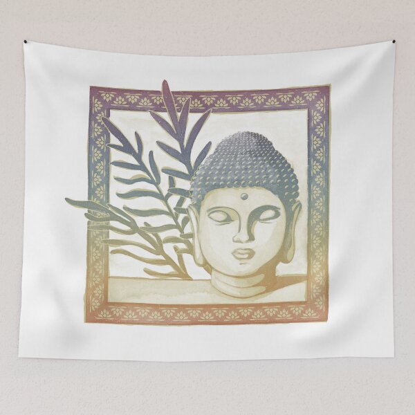 Item preview, Buddha Head Statue with Palm Fronds Watercolor - Gold + Rainbow Sunset designed and sold by Irene Estelle.