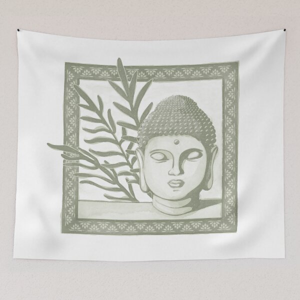 Item preview, Buddha Head Statue with Palm Fronds Watercolor - Tea + Sage designed and sold by Irene Estelle.