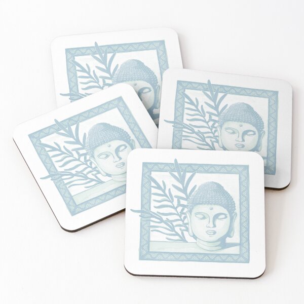 Item preview, Buddha Head Statue with Palm Fronds Watercolor - Mint + Sky designed and sold by Irene Estelle.