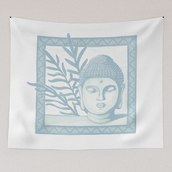 Item preview, Buddha Head Statue with Palm Fronds Watercolor - Mint + Sky designed and sold by Irene Estelle.