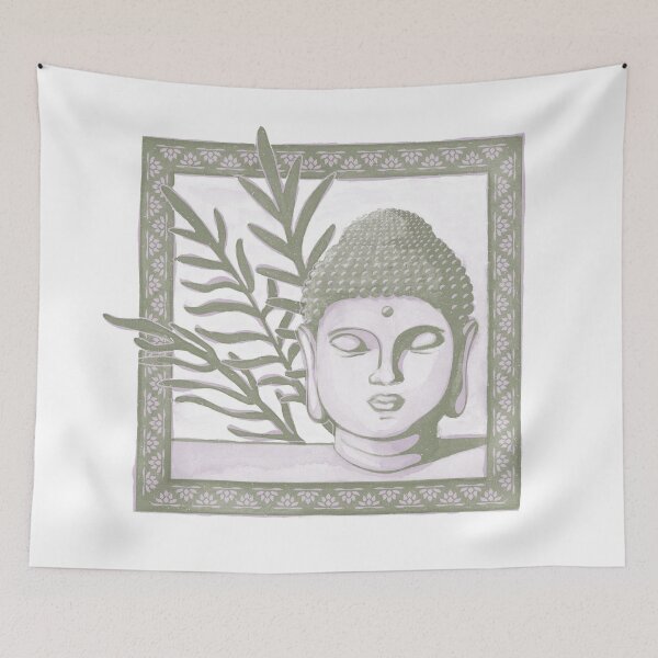 Item preview, Buddha Head Statue with Palm Fronds Watercolor - Dust + Sage designed and sold by Irene Estelle.