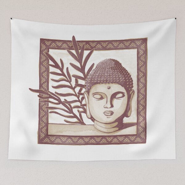 Item preview, Buddha Head Statue with Palm Fronds Watercolor - Fawn + Wine designed and sold by Irene Estelle.
