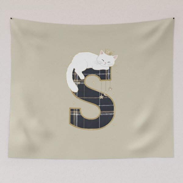 Item preview, Sleeping White Cat on Plaid Letter S - Royal Kitten Monogram designed and sold by Jchan24.