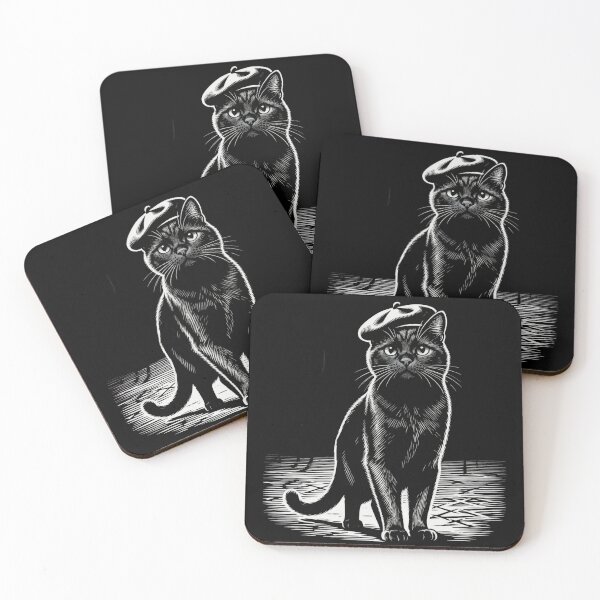 Item preview, Black Cat with Beret – Vintage Engraving Illustration designed and sold by CatVibesStudio.