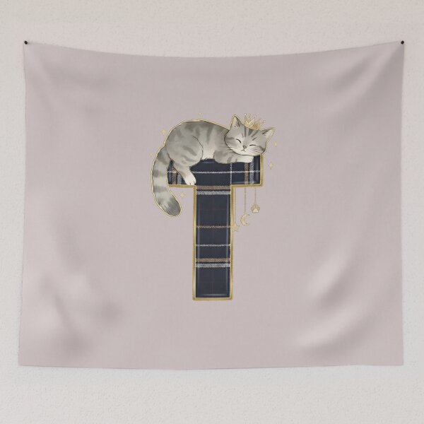 Item preview, Sleeping Silver Tabby Cat on Plaid Letter T - Royal Kitten Monogram designed and sold by Jchan24.