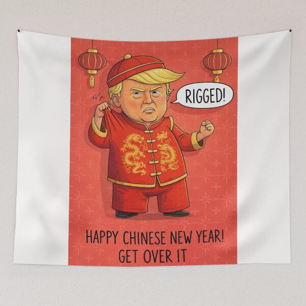 Item preview, Man in Dragon Robe Yelling "Rigged!" – Chinese New Year Satire with Red Lanterns designed and sold by Places On Earth.
