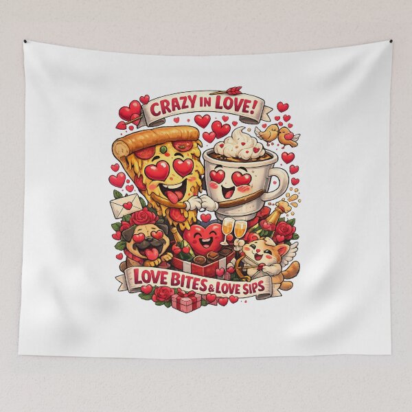 Item preview, Crazy in Love – Funny Valentine’s Day Pizza & Coffee Illustration designed and sold by MeixGraphics.