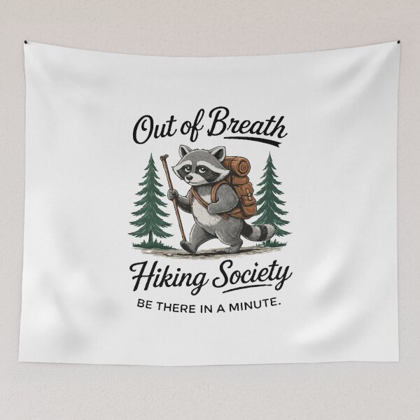 Item preview, Out of Breath Hiking Society – Funny Raccoon Hiker Illustration | Cute Outdoor Adventure Art designed and sold by BrainBubbleArt.