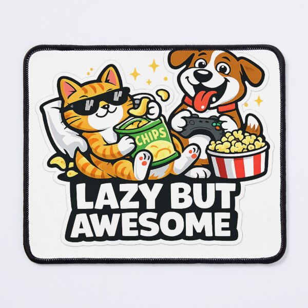 Item preview, Lazy But Awesome – Funny Cat and Dog Gamer Cartoon designed and sold by EpicwaveDesigns.