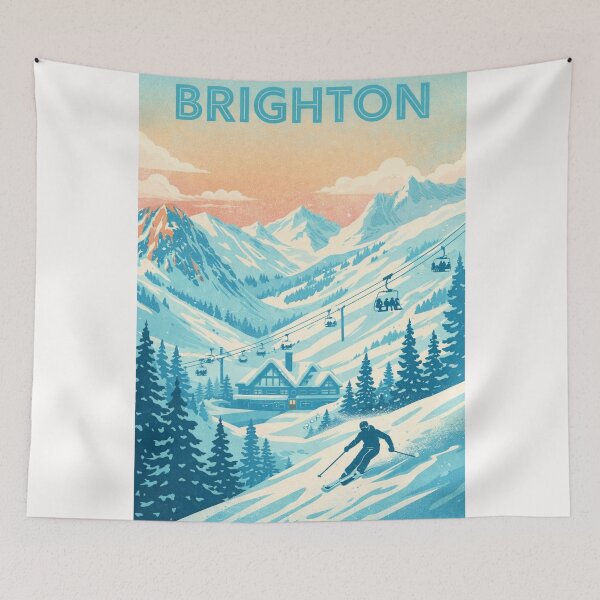Item preview, Brighton Ski Resort Utah Retro Poster with Skier and Lodge designed and sold by Places On Earth.