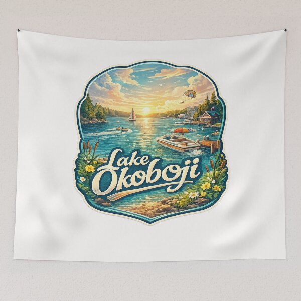 Item preview, Lake Okoboji Iowa Summer Sunset Scene with Boats and Cabins designed and sold by Places On Earth.