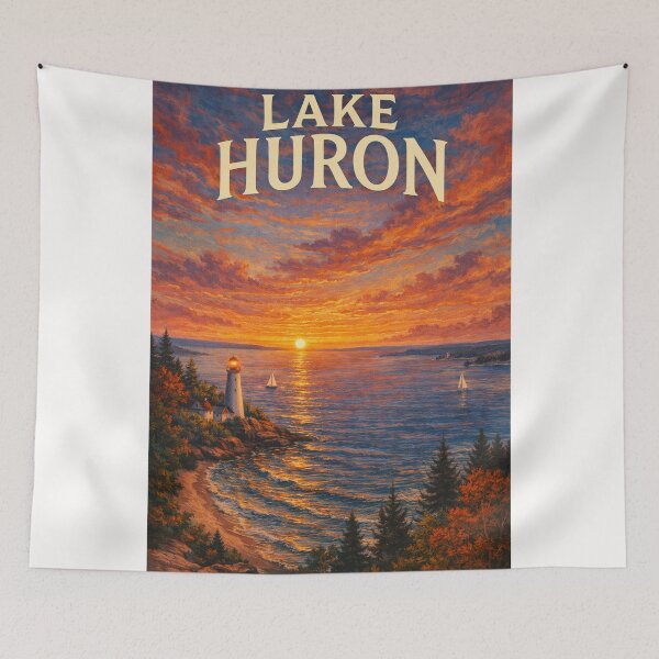 Item preview, Lake Huron Great Lakes Sunset with Lighthouse and Coastline View designed and sold by Places On Earth.