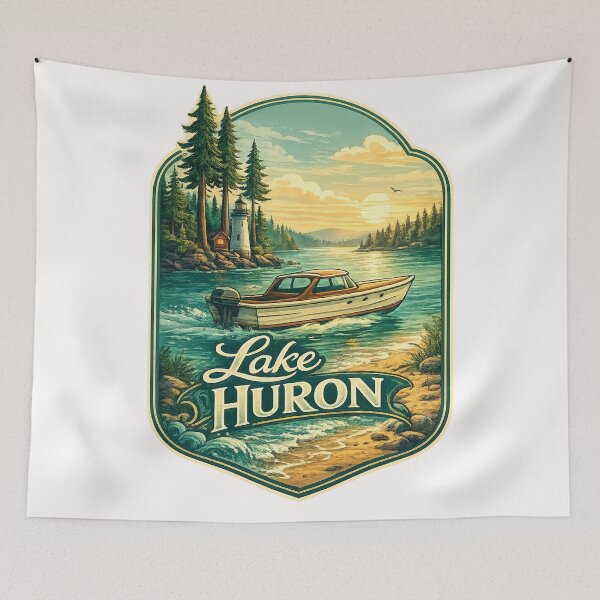 Item preview, Boating on Lake Huron with Lighthouse and Pine Forest Coast designed and sold by Places On Earth.