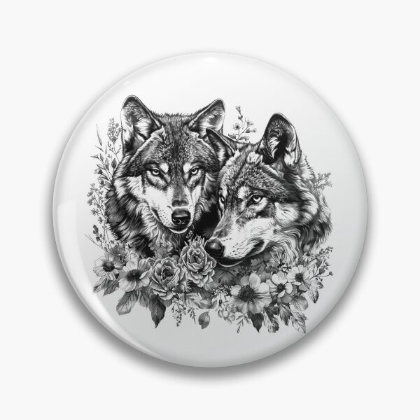 Item preview, Romantic Wolf Couple with Flowers Black and White Wildlife Art designed and sold by inkoutninja.