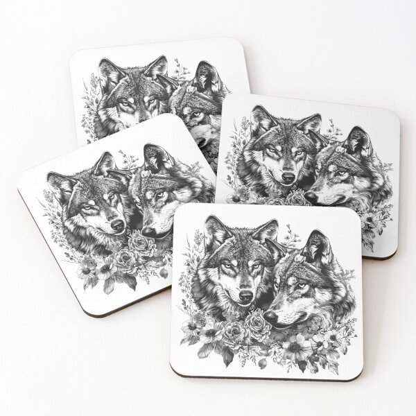 Item preview, Romantic Wolf Couple with Flowers Black and White Wildlife Art designed and sold by inkoutninja.