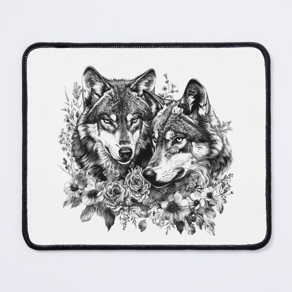 Item preview, Romantic Wolf Couple with Flowers Black and White Wildlife Art designed and sold by inkoutninja.